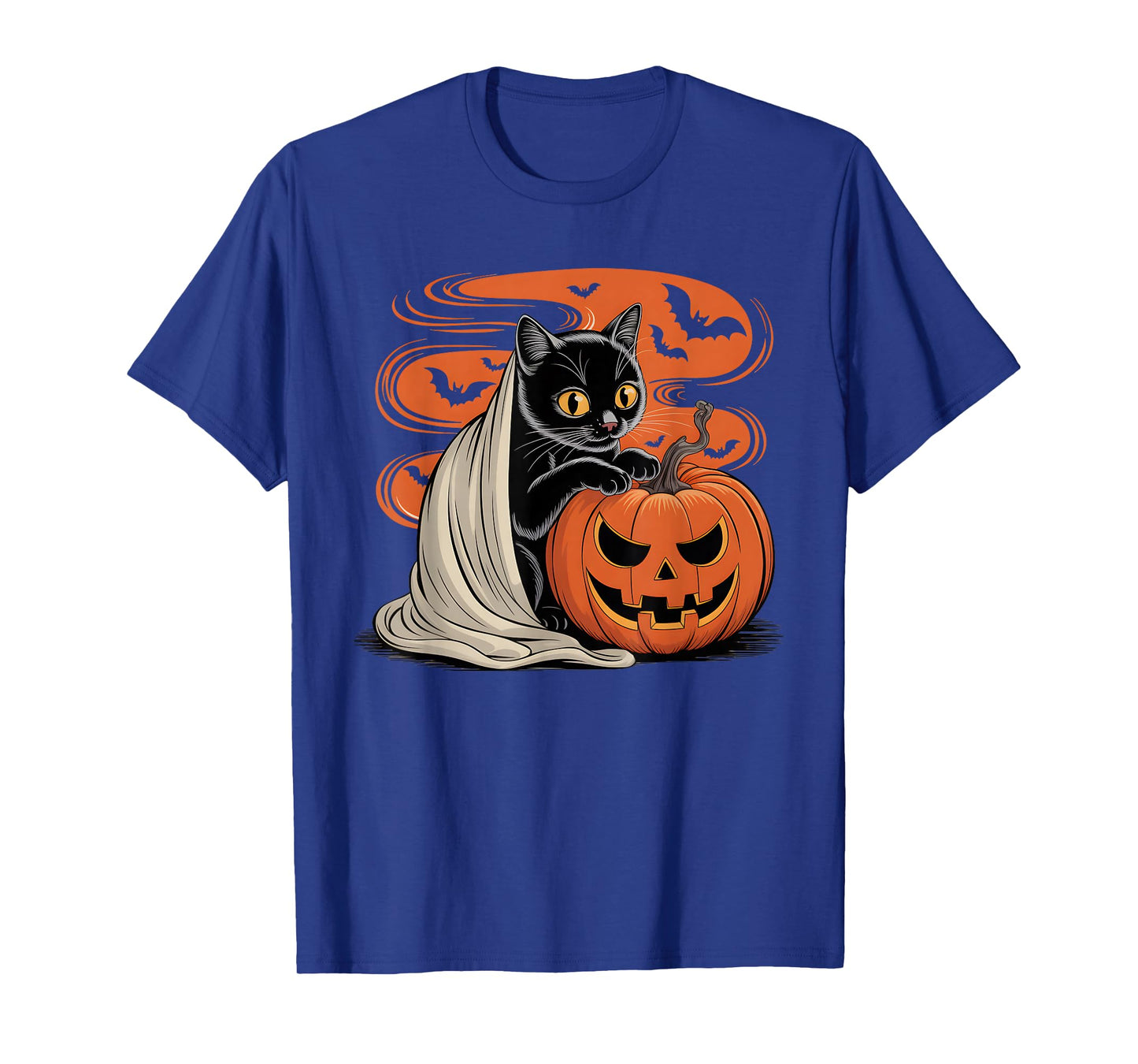 Retro Black Cat Witch Scary Halloween Pumpkin Women Men Kids T-Shirt