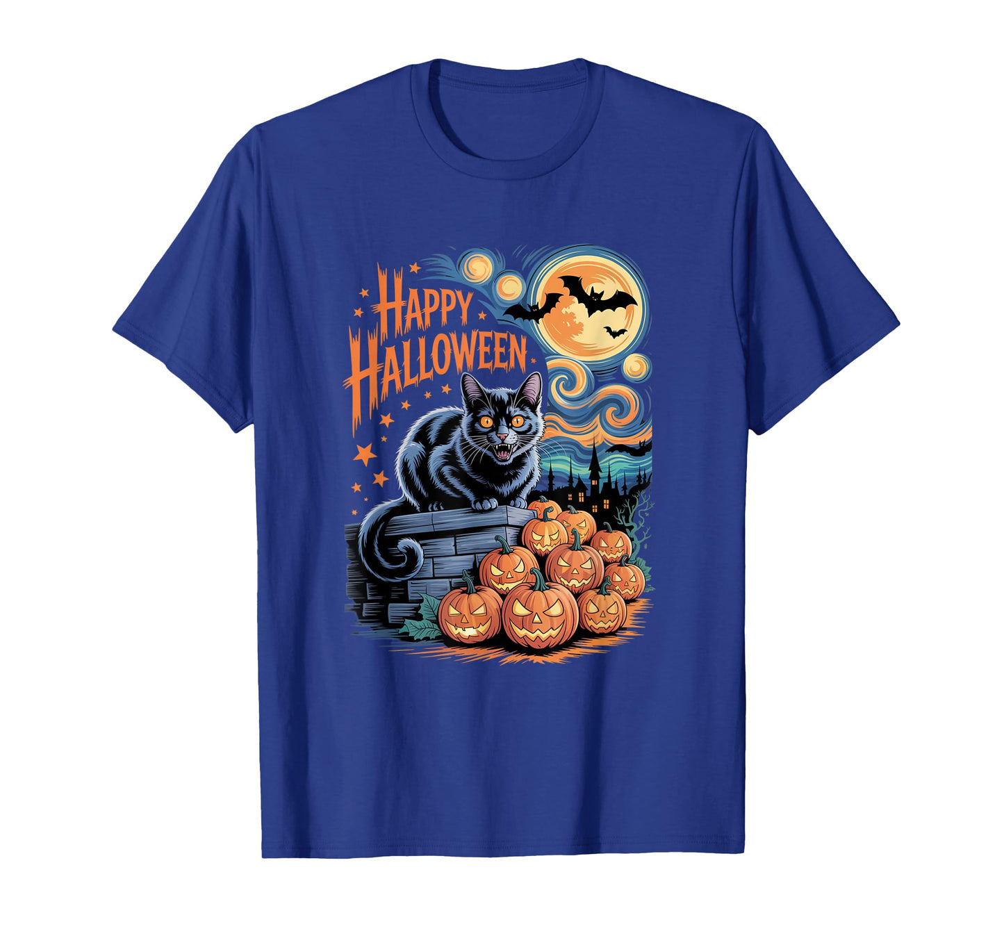 Halloween Cat and Pumpkins Van Gogh Starry Night Style T-Shirt