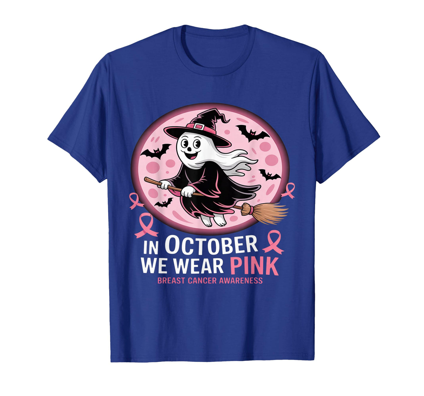 in October We Wear Pink Ghost Witch Breast Cancer Awareness T-Shirt