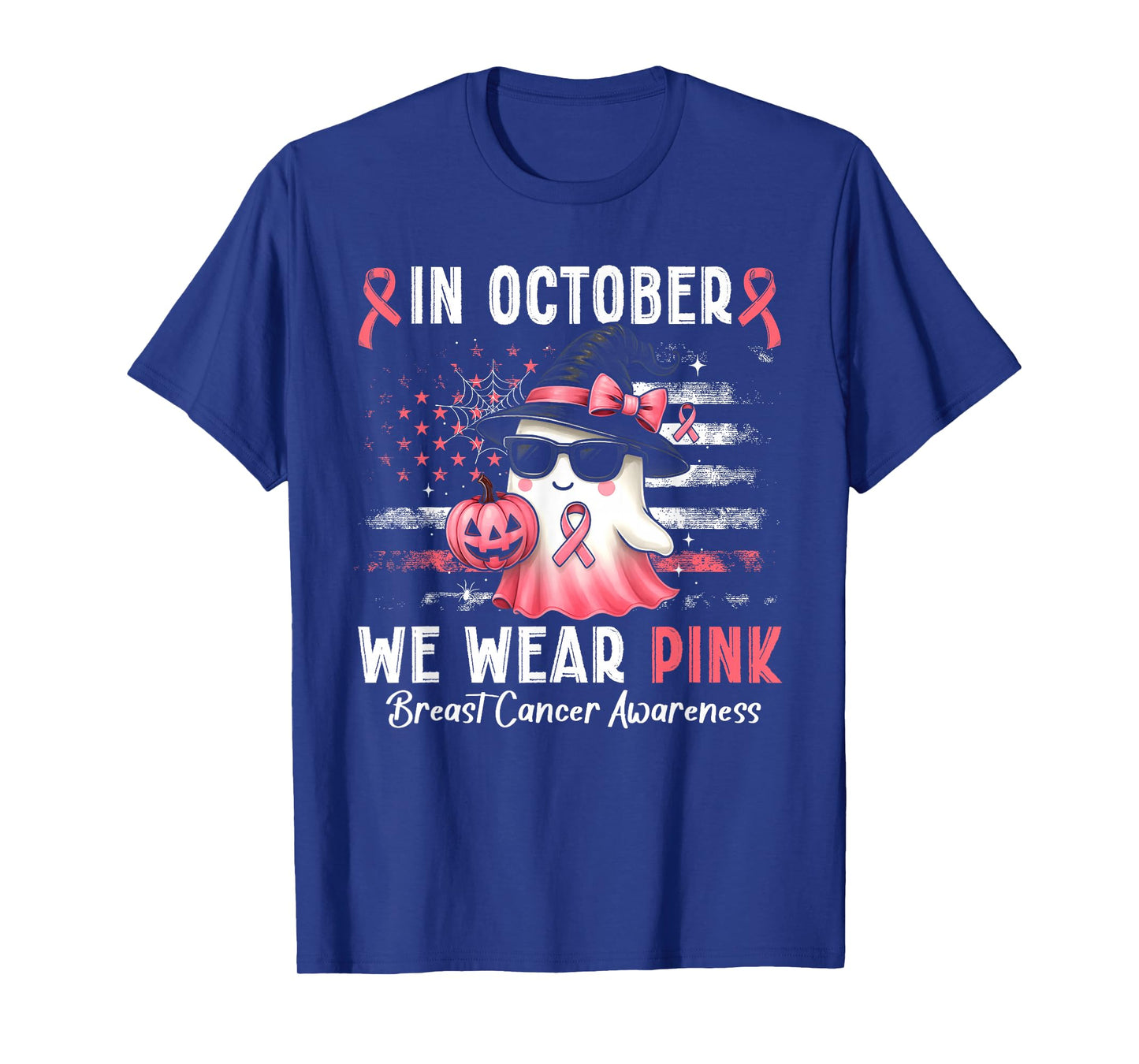 in October We Wear Pink Ghost Witch Breast Cancer Awareness T-Shirt