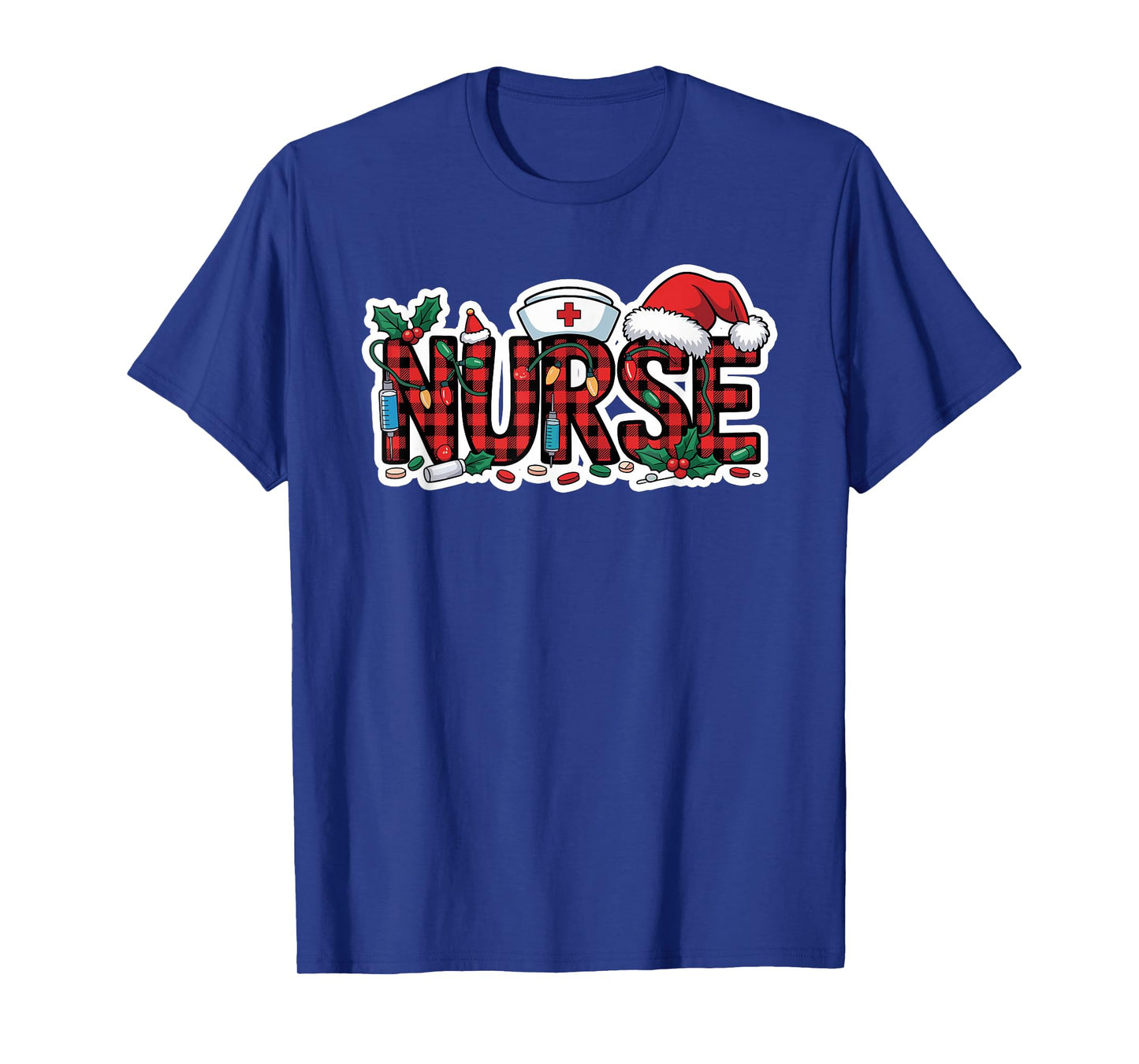 Christmas Nurse Buffalo Plaid Santa Hat Christmas Lights T-Shirt