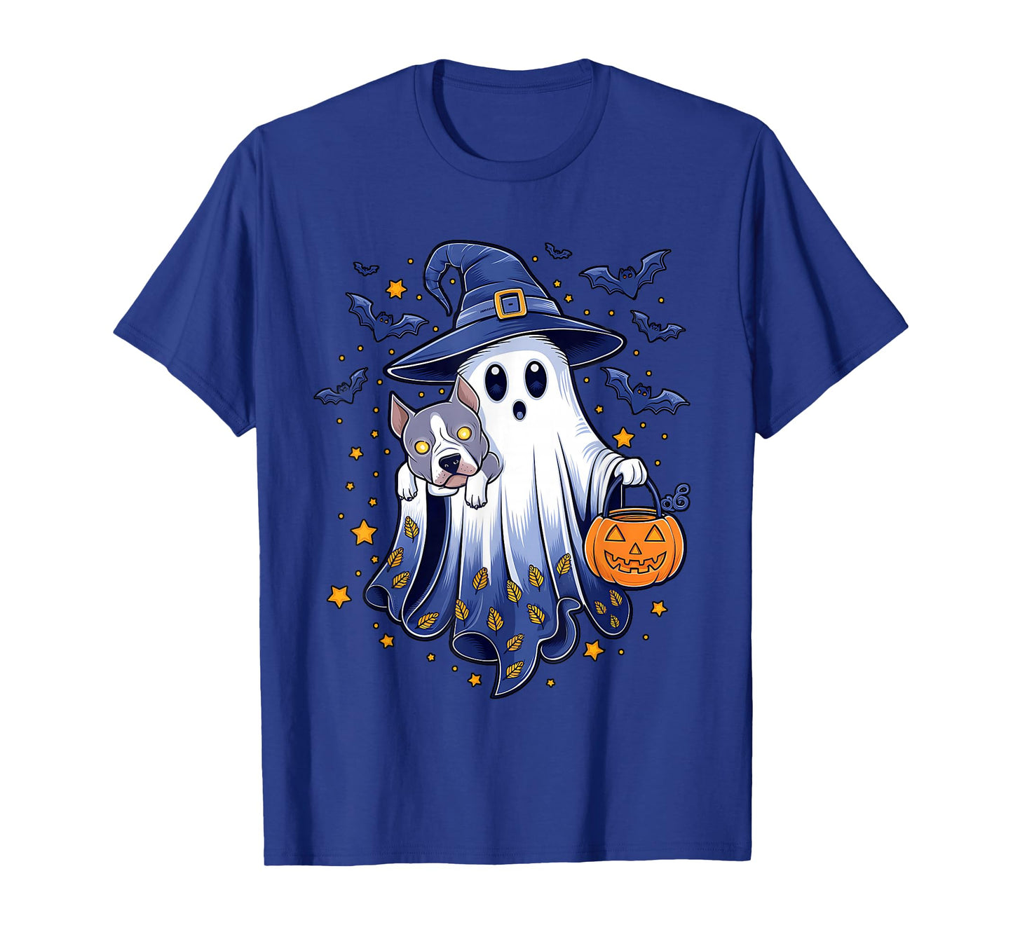 Ghost Witch Holding Pitbull Dog Pumpkins Vintage Halloween T-Shirt