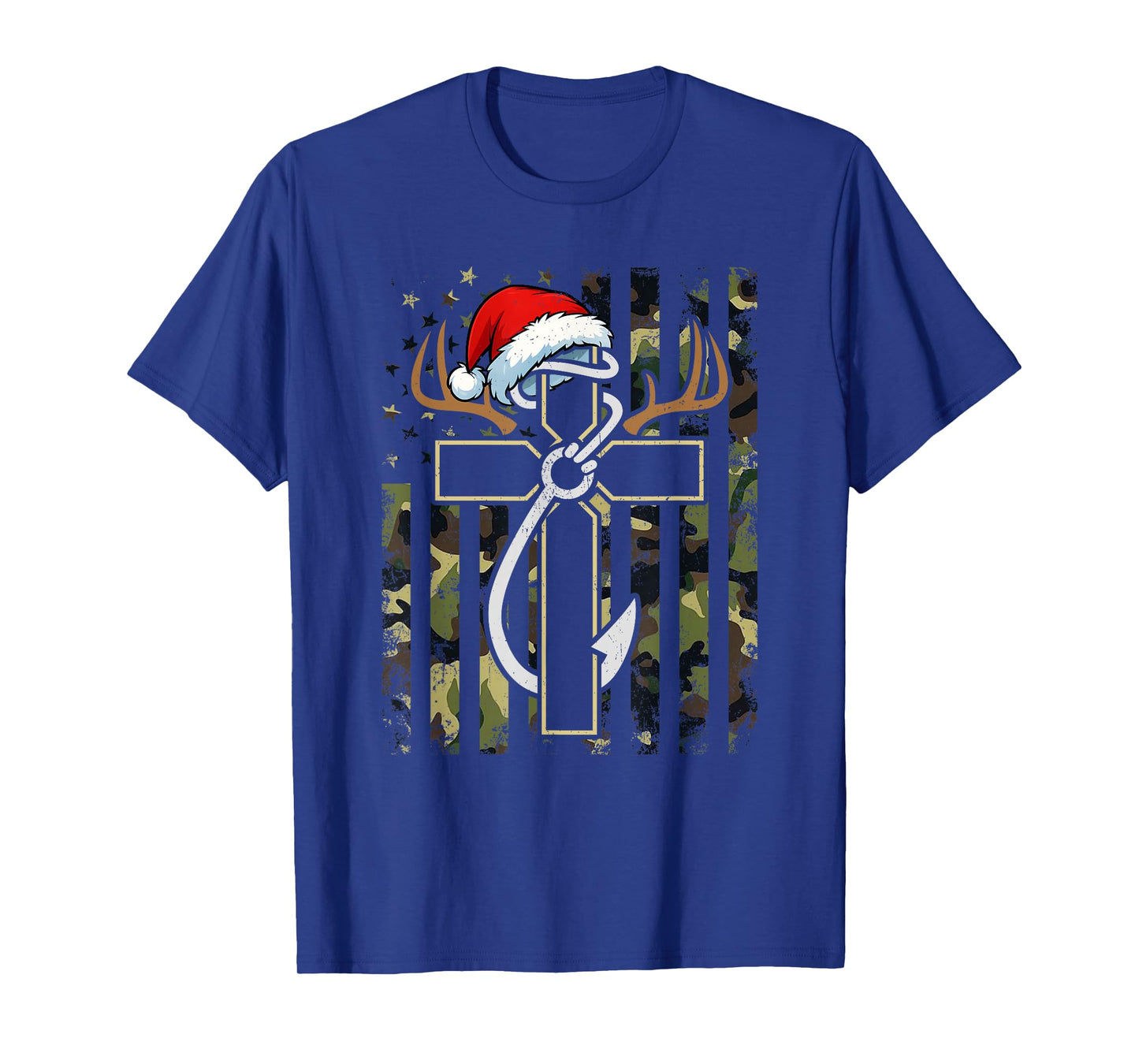 Hunting Fishing Faith Cross Santa Hat Deer Antlers Hook Flag T-Shirt