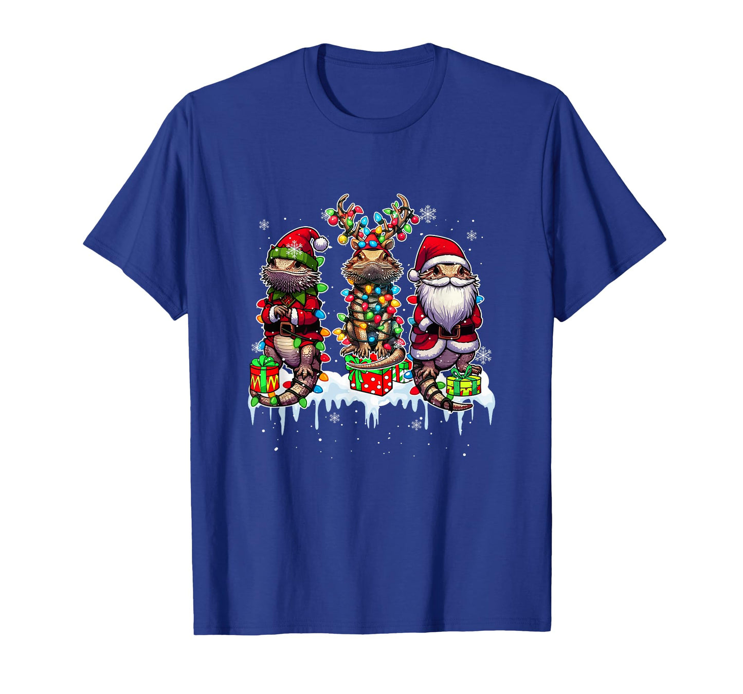 Three Santa Reindeer Elf Bearded Dragons Xmas Colorful Light T-Shirt