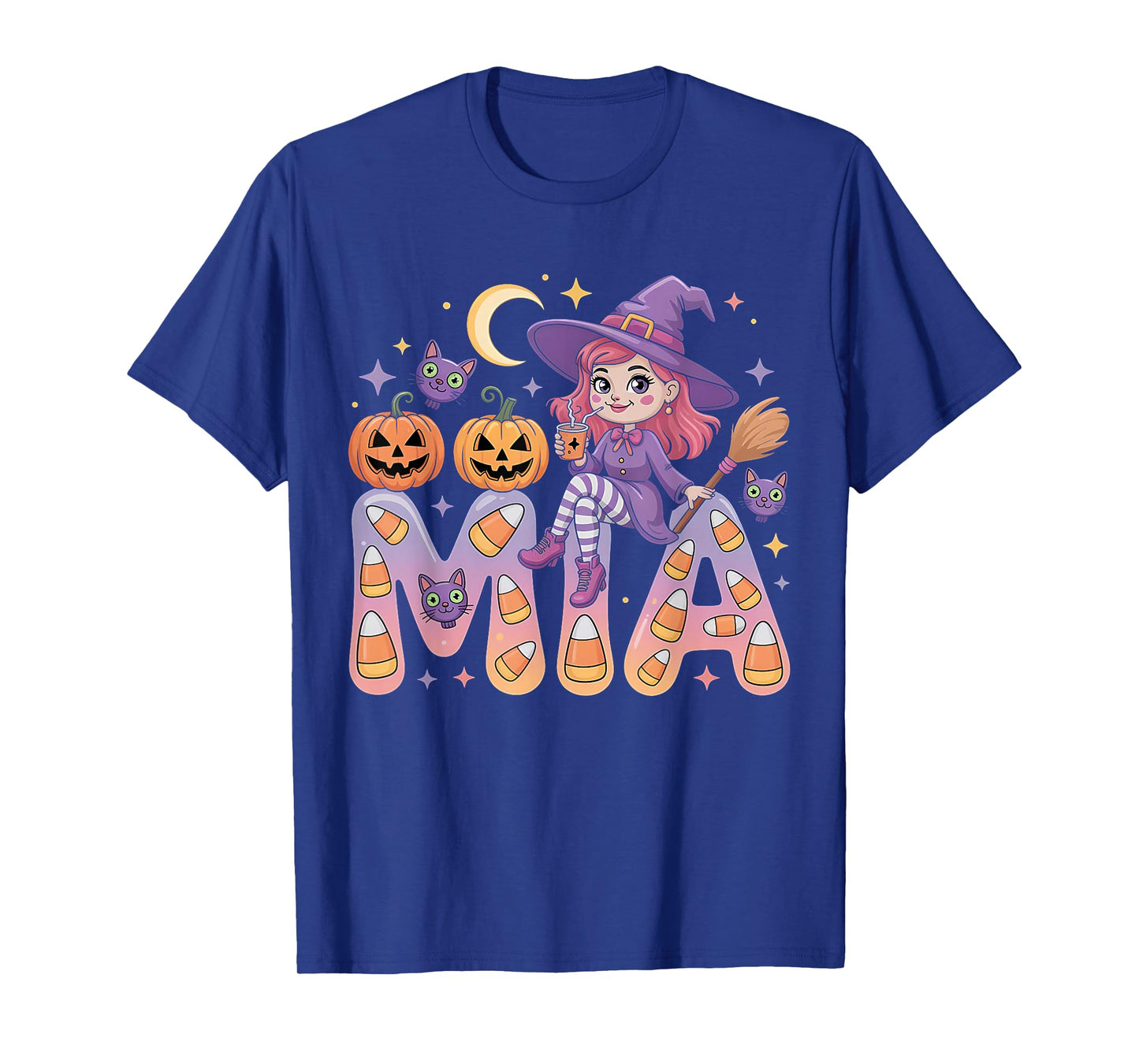 Mia Witch Candy Corn Cat Halloween Women and Girls T-Shirt