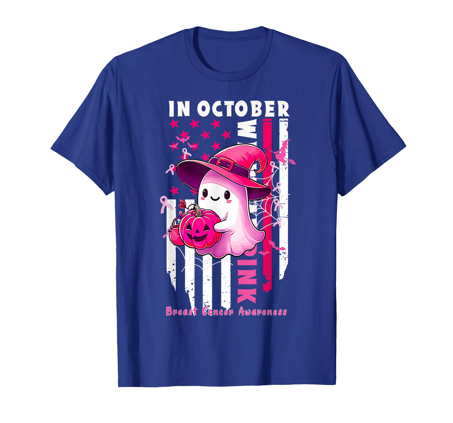 in October We Wear Pink Ghost Witch Breast Cancer Awareness T-Shirt