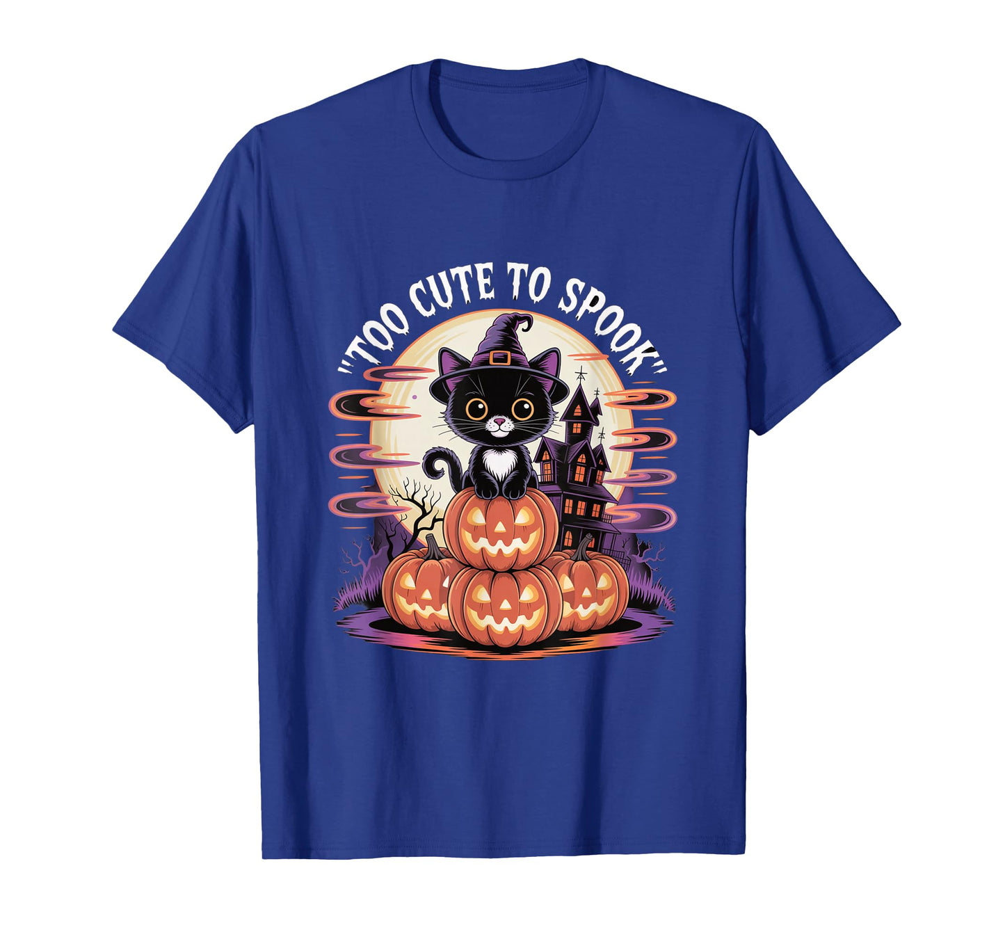 Too Cute to Spook Cat Pumpkins Horror House Halloween T-Shirt