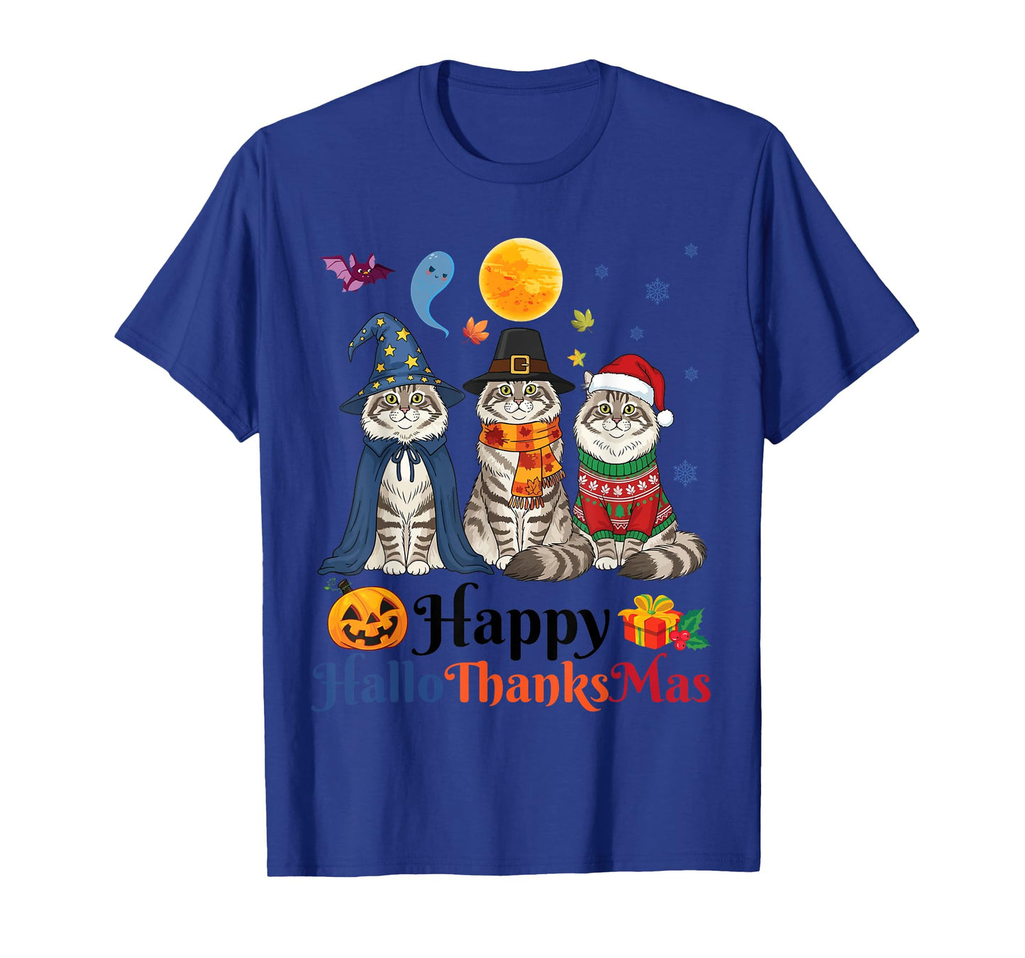 HalloThanksMas Siberian Cat Halloween Thanksgiving Christmas T-Shirt