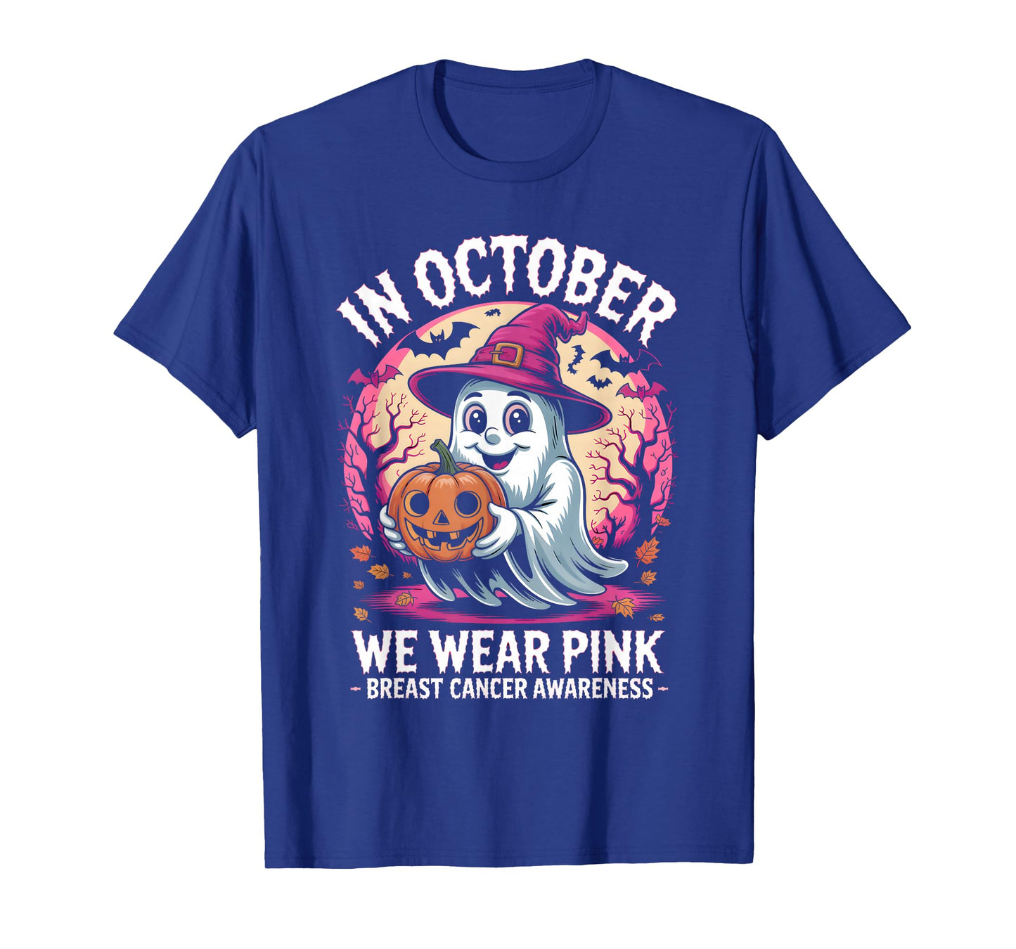in October We Wear Pink Witch Graphic for Halloween Fun T-Shirt