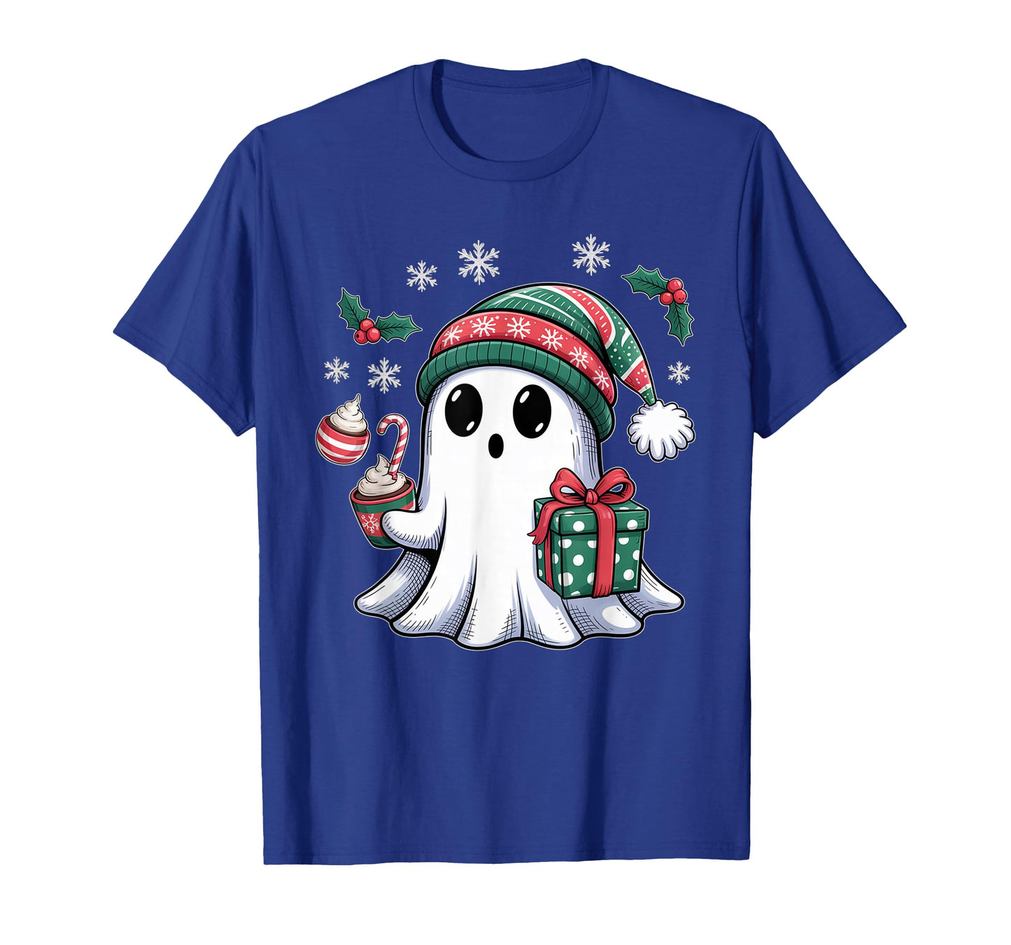 Cute Christmas Ghost Spirit with Santa Hat Coffee and Gift T-Shirt