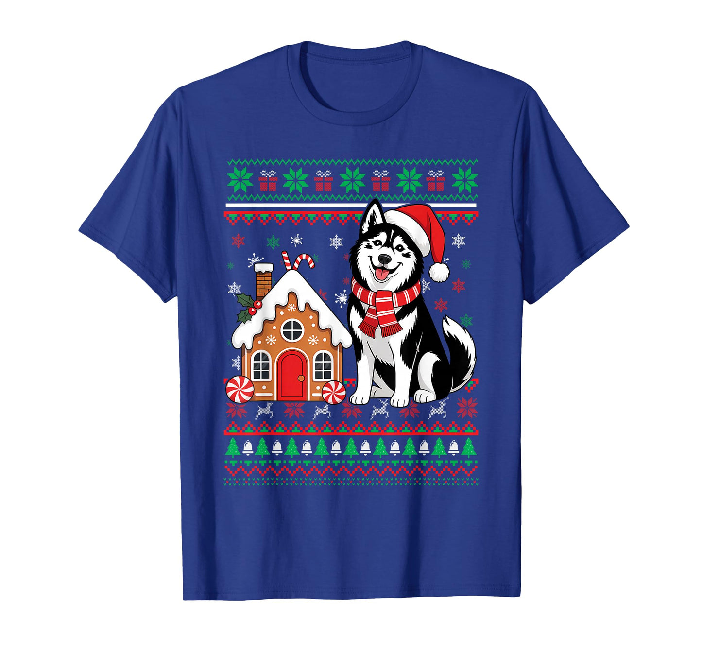 Christmas Ugly Sweater Siberian Husky Santa Hat Reindeers T-Shirt