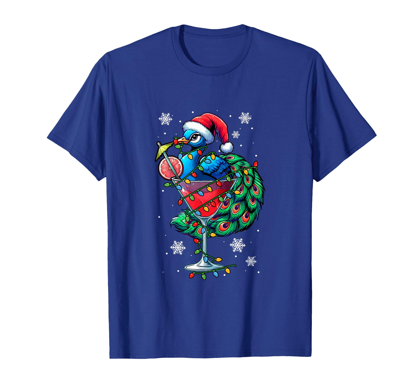 Santa Peacock On Cocktail Glasses Christmas Colorful Lights T-Shirt