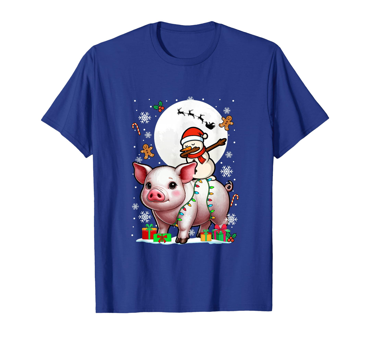 Dabbing Snowman On Pig Christmas Santa Colorful Lights T-Shirt