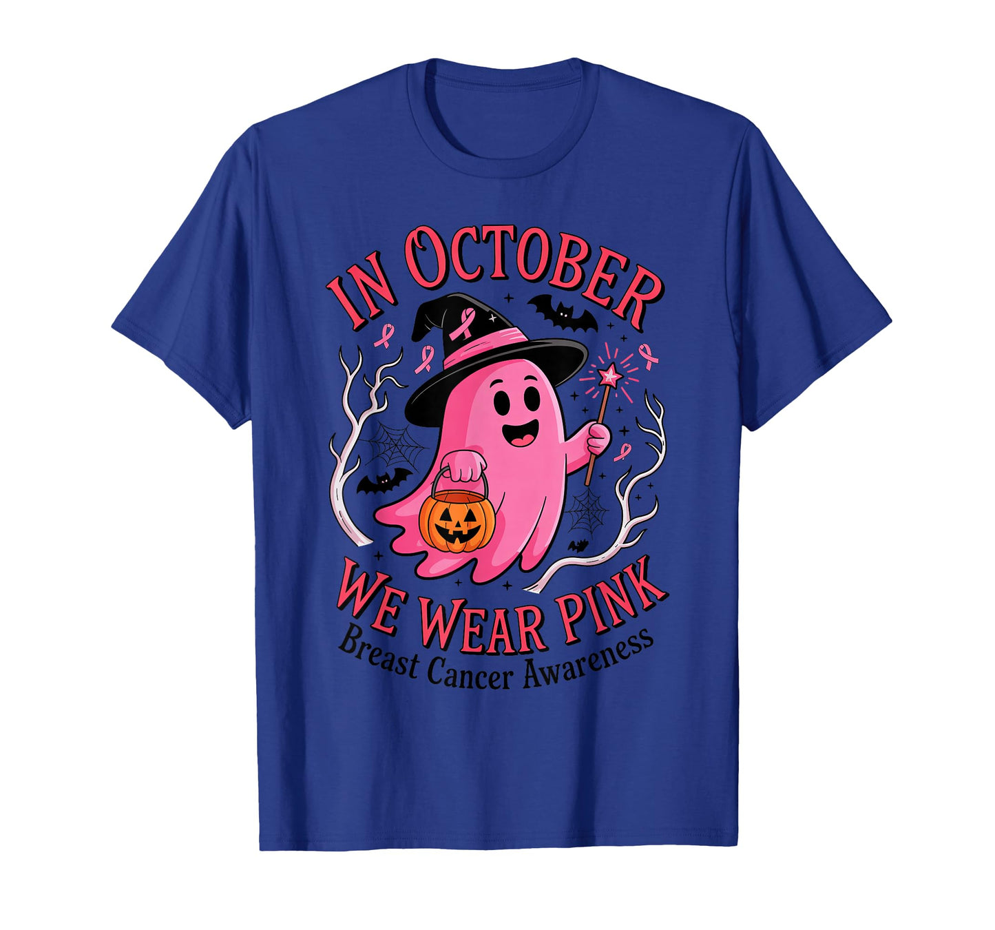 Cute Pink Ghost Witch in October We Wear Pink Breast Cancer T-Shirt