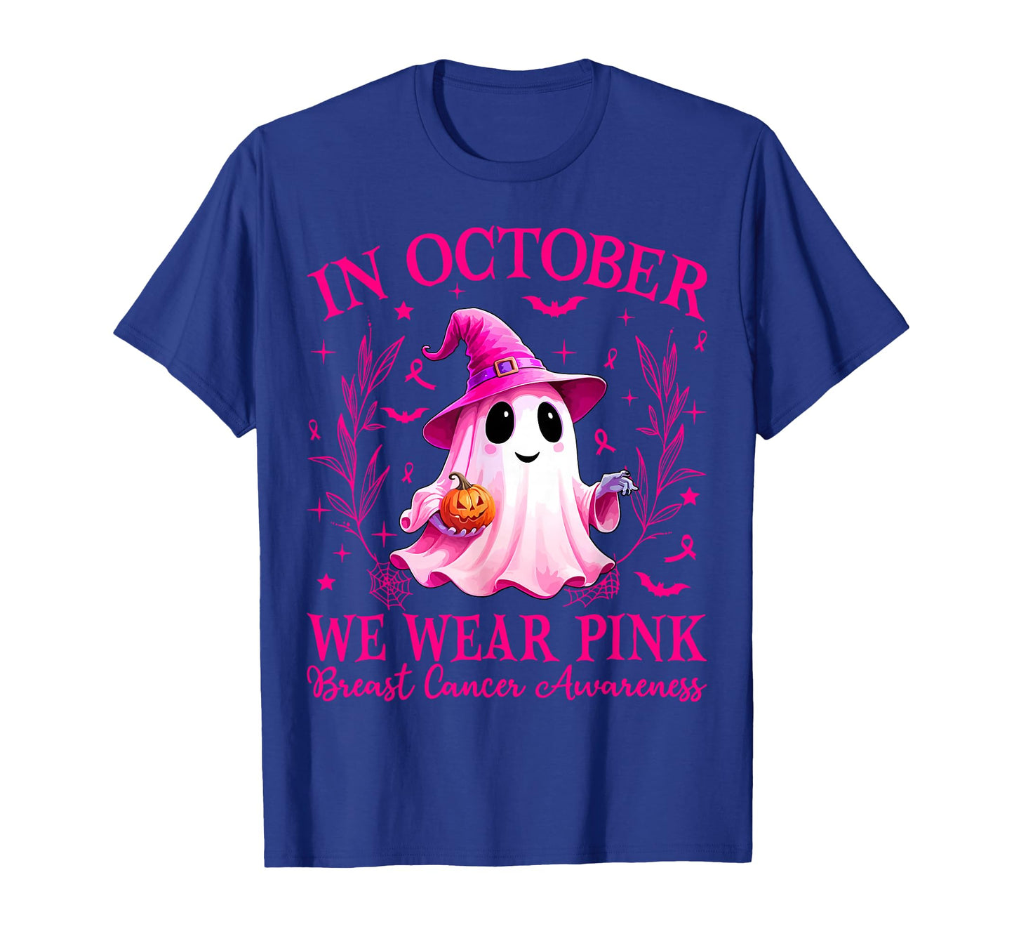 in October We Wear Pink Ghost Witch Breast Cancer Awareness T-Shirt