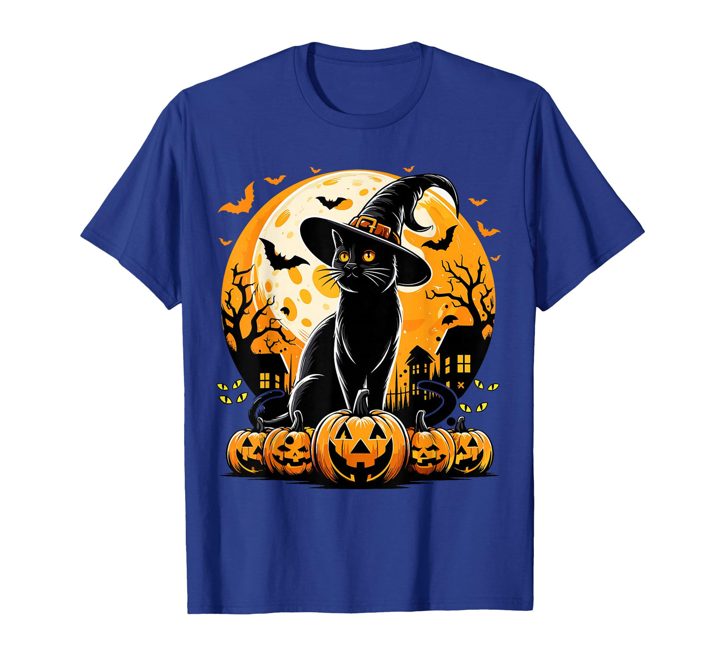 Pumpkin Black Cat with Witch Hat Full Moon Halloween Cat T-Shirt