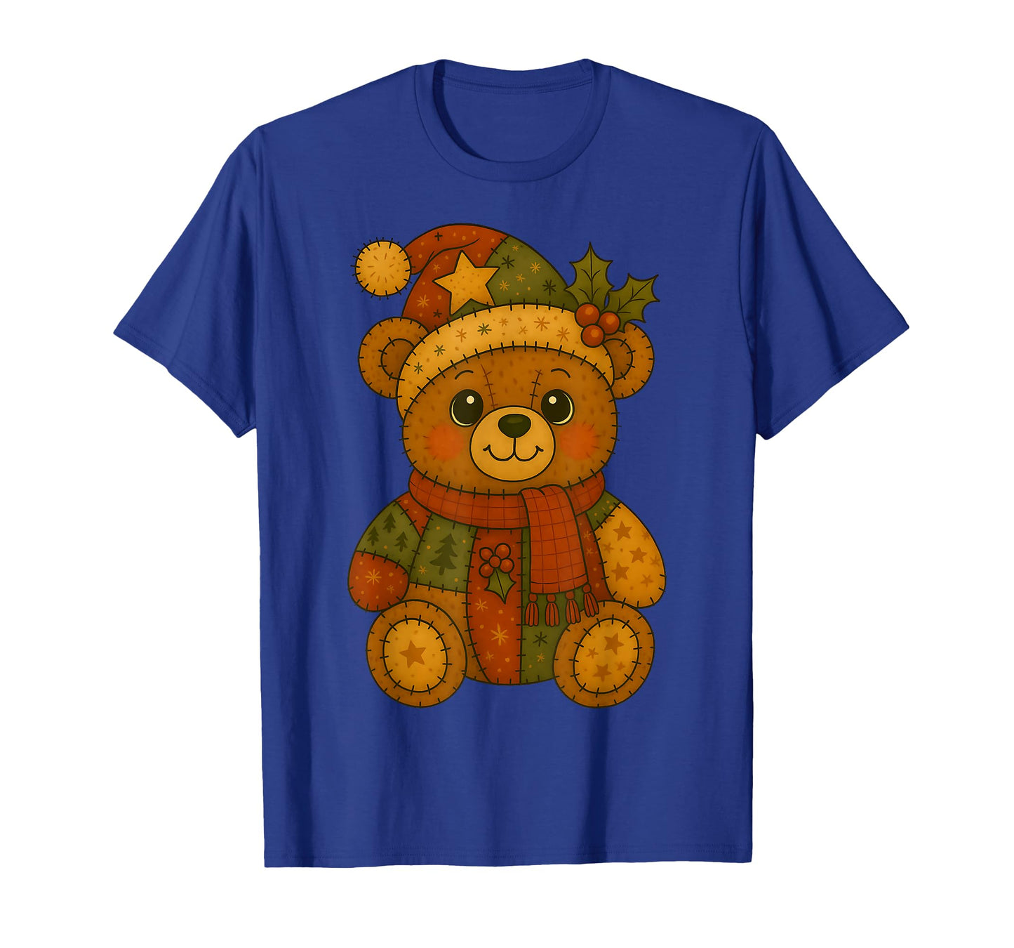 Patchwork Christmas Bear Wearing Santa Hat Winter Holiday T-Shirt