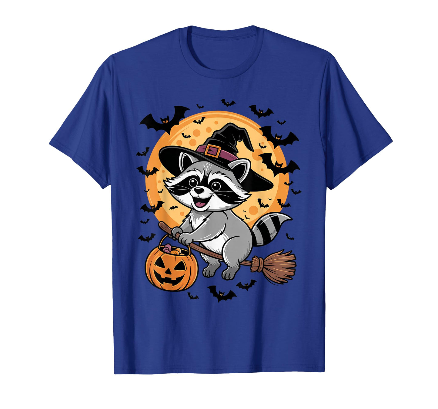 Kawaii Raccoon in Witch Hat on a Broom Halloween Costume T-Shirt