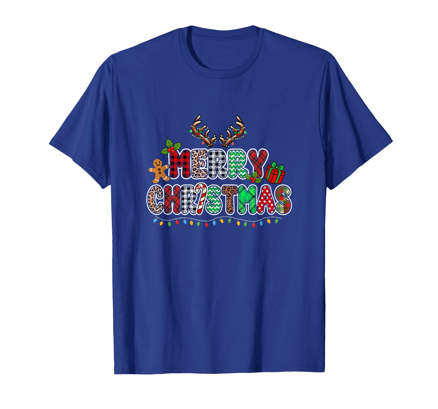 Merry Christmas Leopard Colorful Lights Reindeer Gingerbread T-Shirt