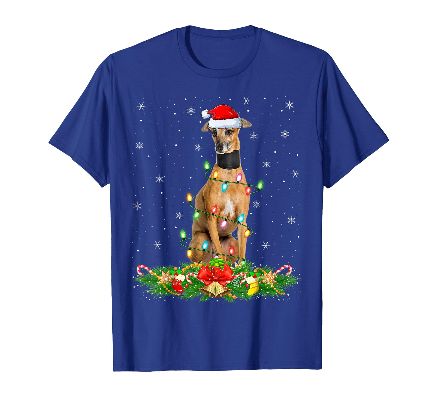 Greyhound Dog Christmas Lights Funny Santa Hat Xmas T-Shirt