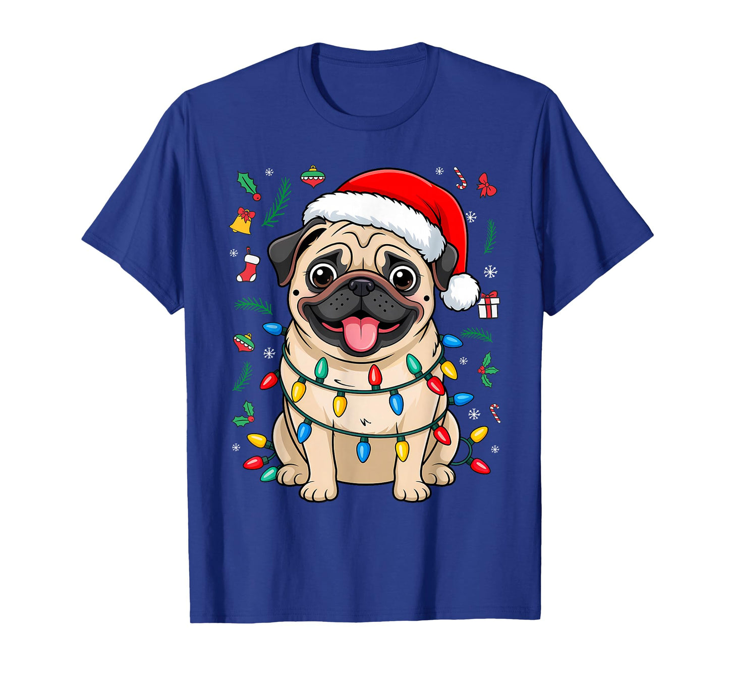 Pug Santa Christmas Tree Lights Xmas Boys Pugmas Dog Dogmas T-Shirt