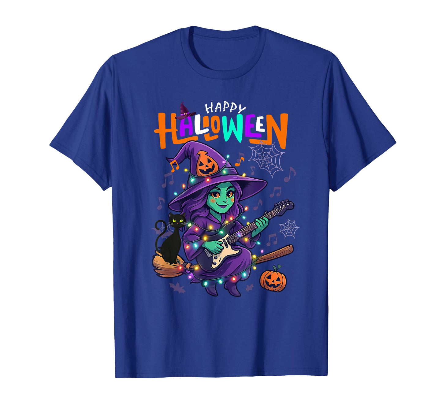 Funny Witch Playing Guitar Happy Halloween Boys Girls Kids T-Shirt