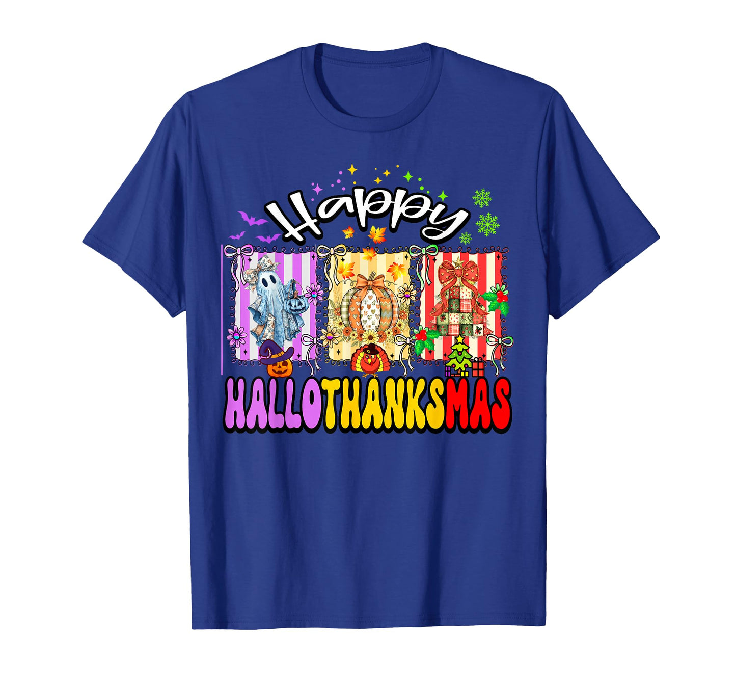 Happy Hallothanksmas Retro Halloween Thanksgiving Christmas T-Shirt