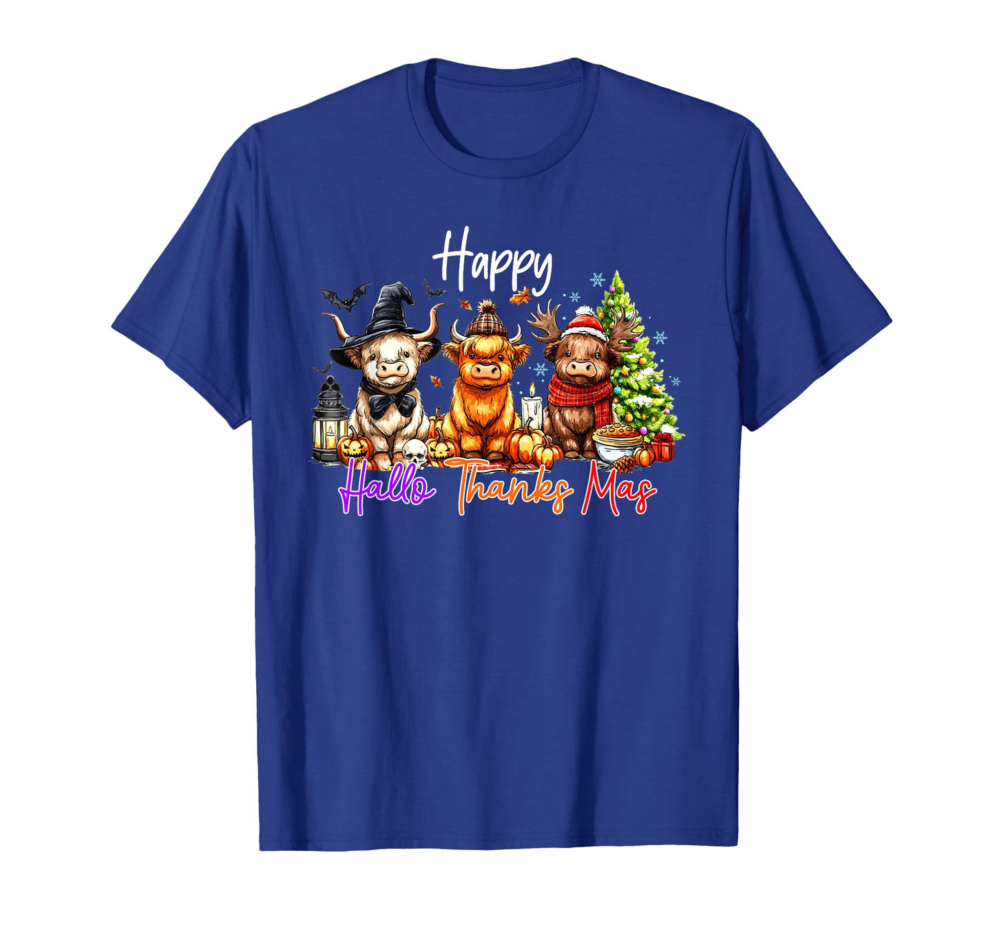 Happy Hallothanksmas Highland Cow Halloween Merry Christmas T-Shirt
