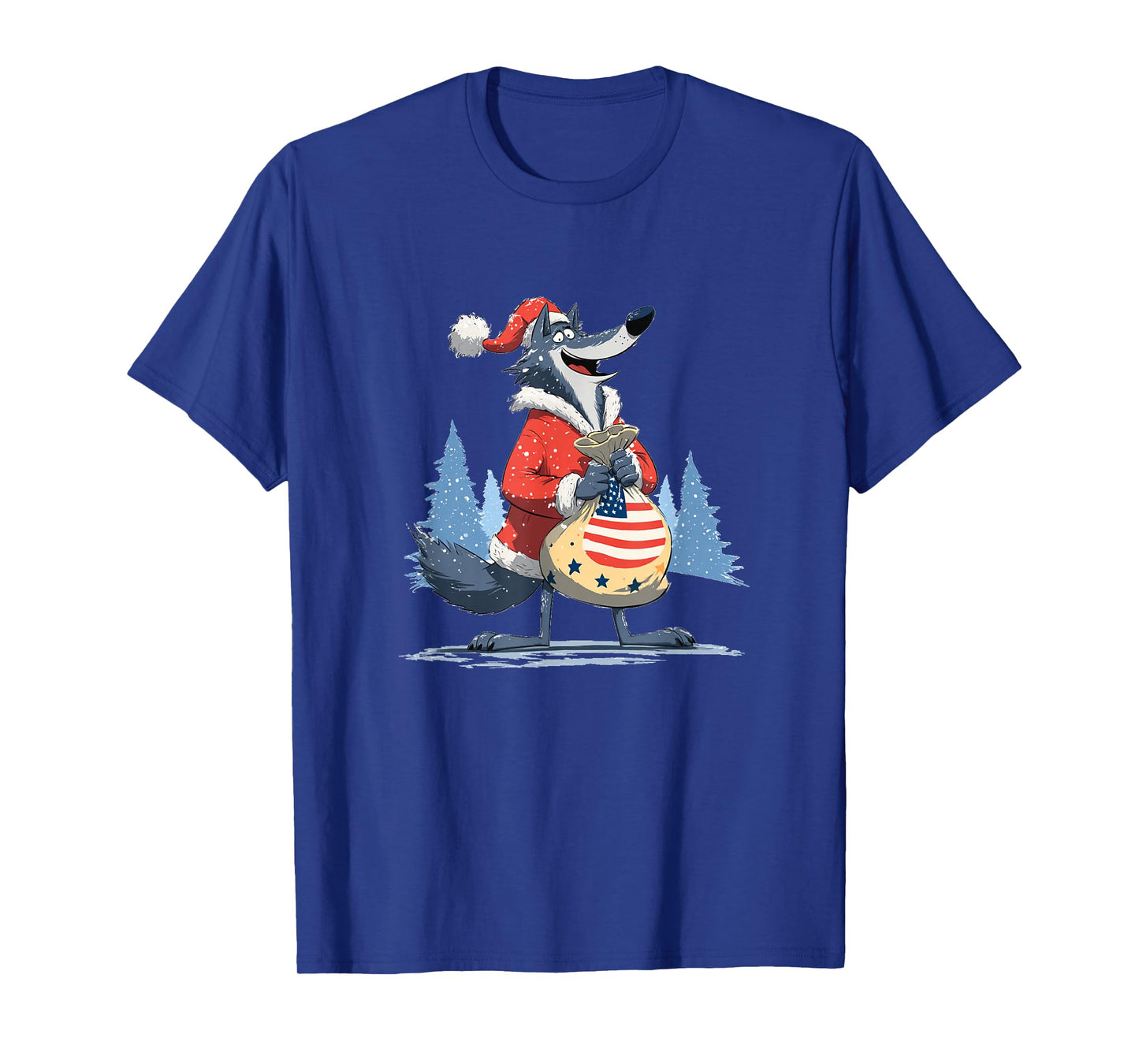 Cartoon Wolf in Christmas with Santa Bag for Boys and Girls T-Shirt