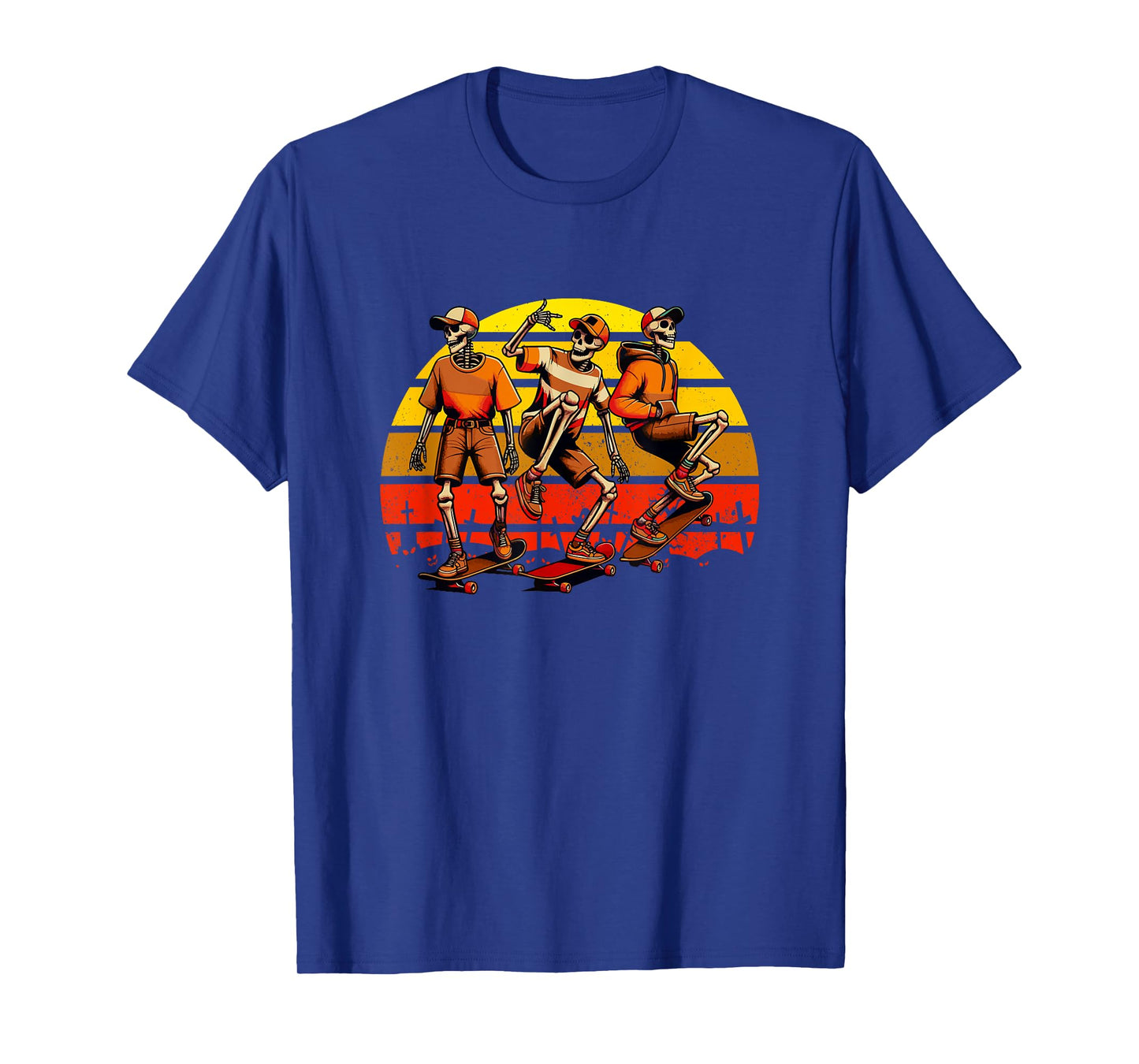 Vintage Retro Three Funny Skeletons Skateboarding Halloween T-Shirt