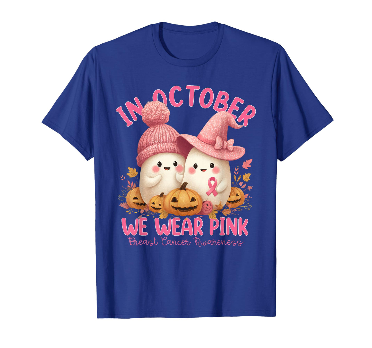 in October We Wear Pink Ghost Witch Breast Cancer Awareness T-Shirt