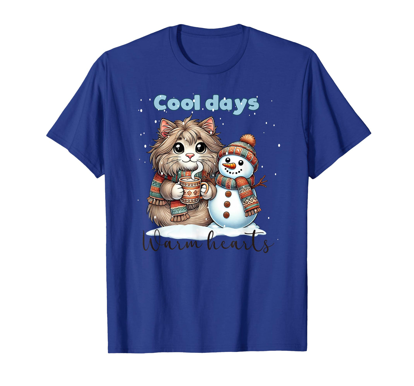 Kitty Cat and Snowman Friends Share Coffee in Winter Snow T-Shirt