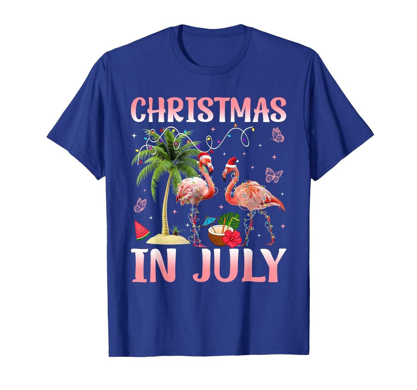 Christmas in July Pink Flamingo Santa Hat Christmas Lights T-Shirt