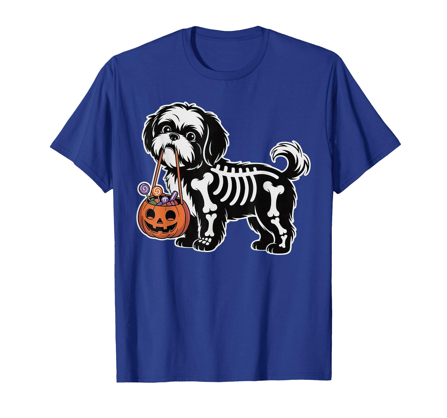 Cute Halloween Shih Tzu Dog Skeleton with Candy Pumpkin T-Shirt