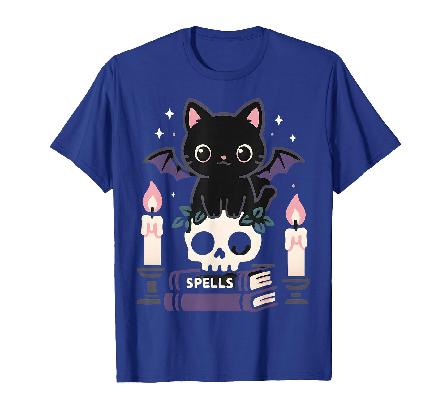 Cute Black Cat with Bat Wings and Spells Design 4 Halloween T-Shirt