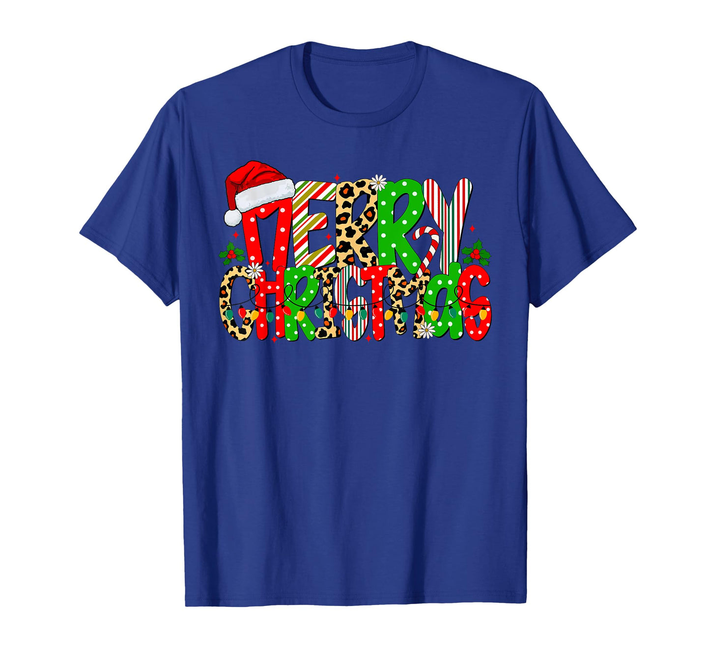 Retro Merry Christmas Lights Santa Leopard Men Women Kids T-Shirt