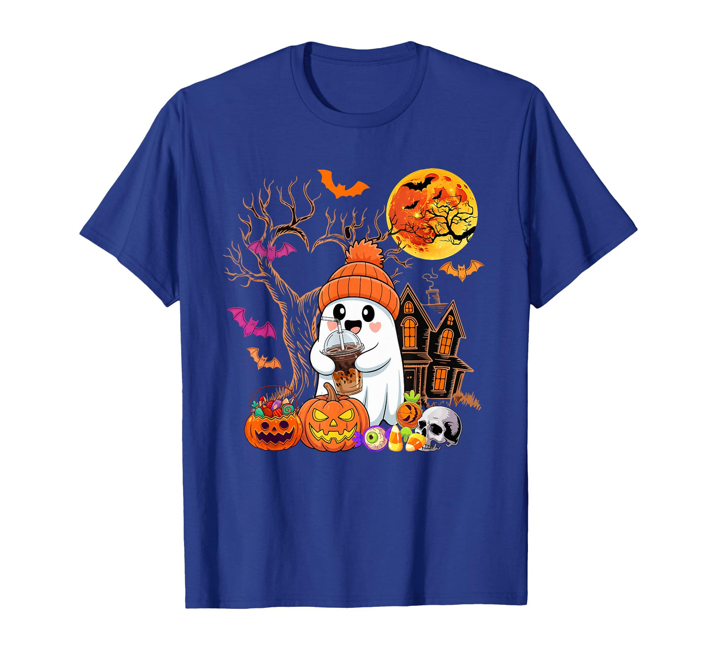 Boo Drinking Coffee Halloween Carved Pumpkin Funny Parties T-Shirt