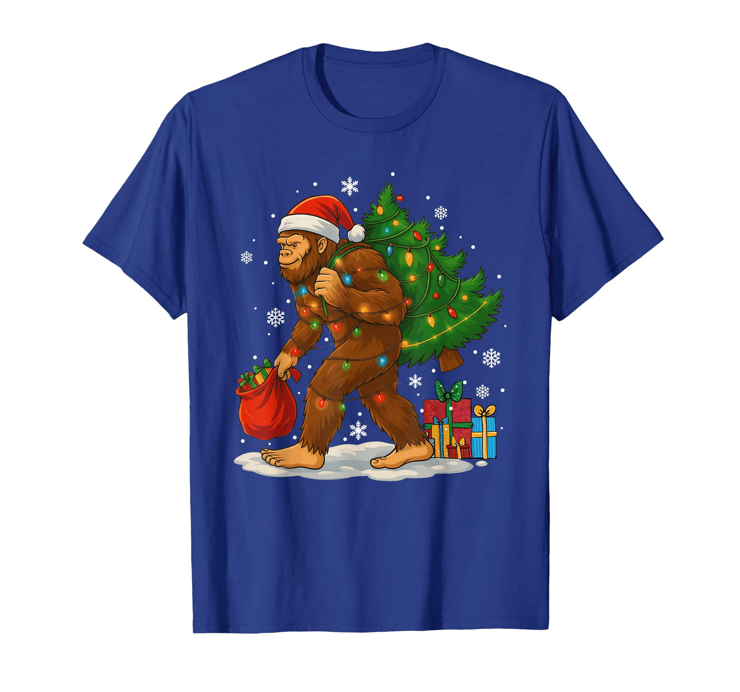 Christmas Bigfoot Santa Hat Tree Lights Xmas Boys Men Kids T-Shirt