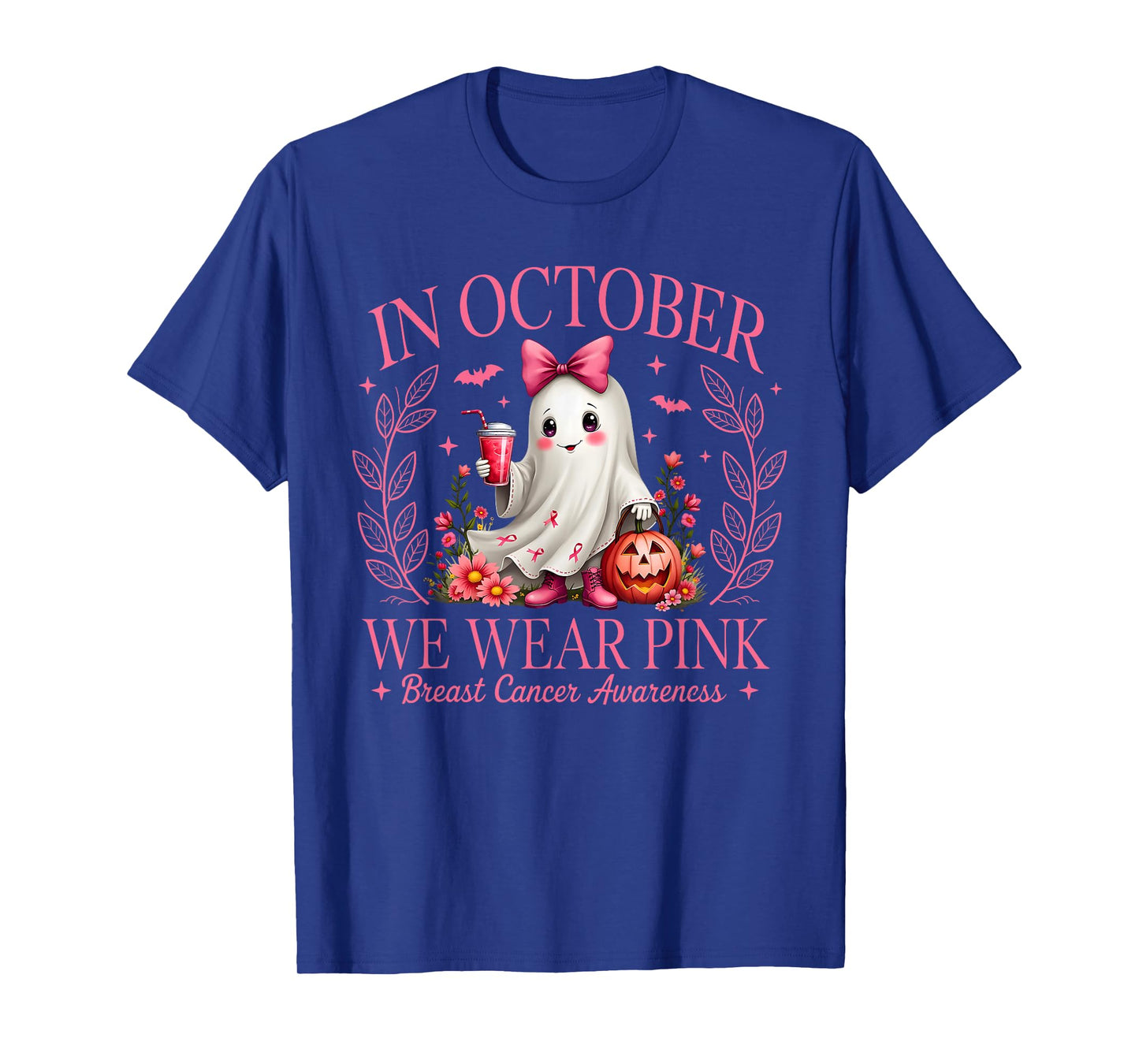 in October We Wear Pink Ghost Witch Breast Cancer Awareness T-Shirt