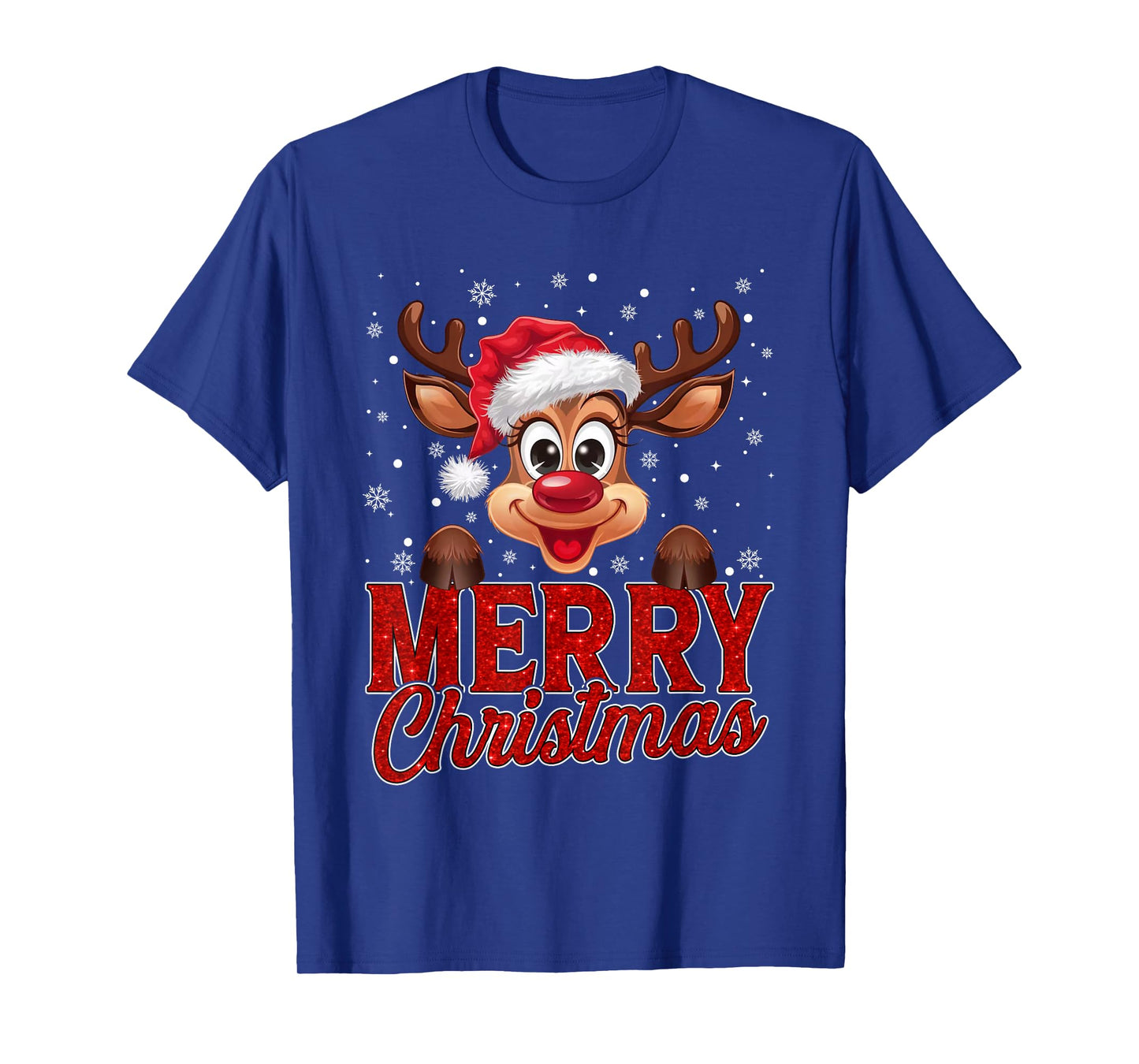 Merry Christmas Rudolph Reindeer Santa Hat Xmas Snowflakes T-Shirt
