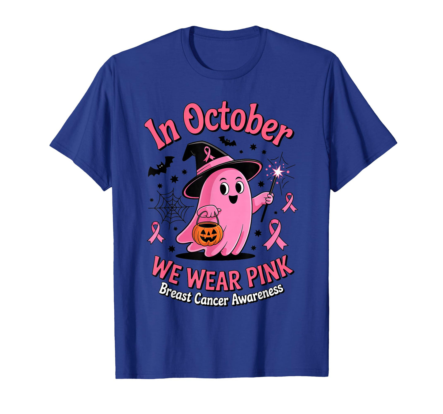 Cute Ghost Witch Pumpkin Breast Cancer Awareness Pink Ribbon T-Shirt