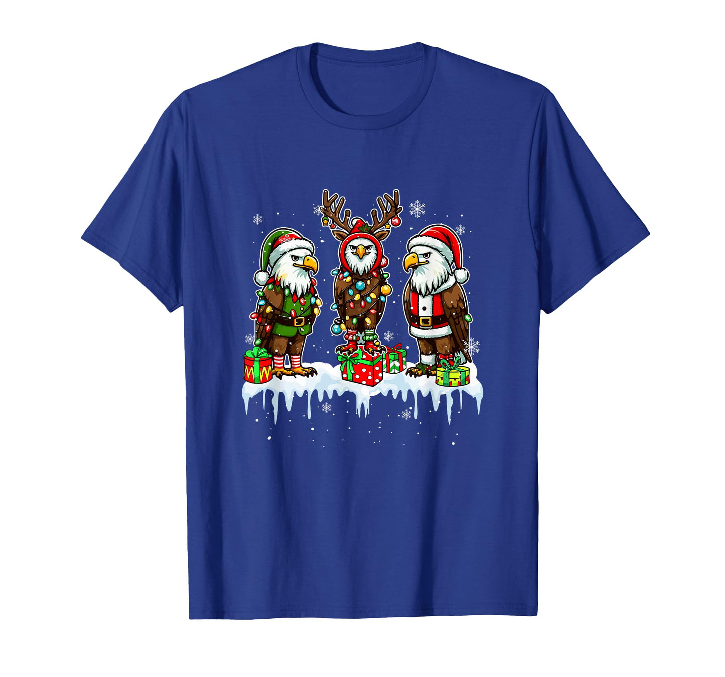 Three Santa Reindeer Elf Eagles Christmas Colorful Lights T-Shirt