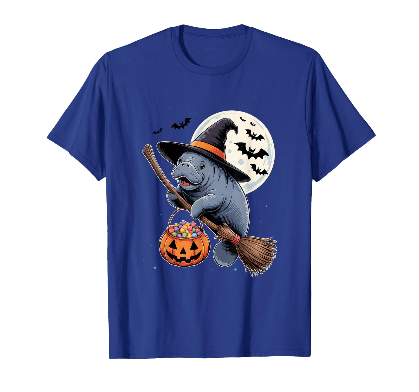 Manatee Witch Hat Riding Broomstick Pumpkin Halloween Animal T-Shirt