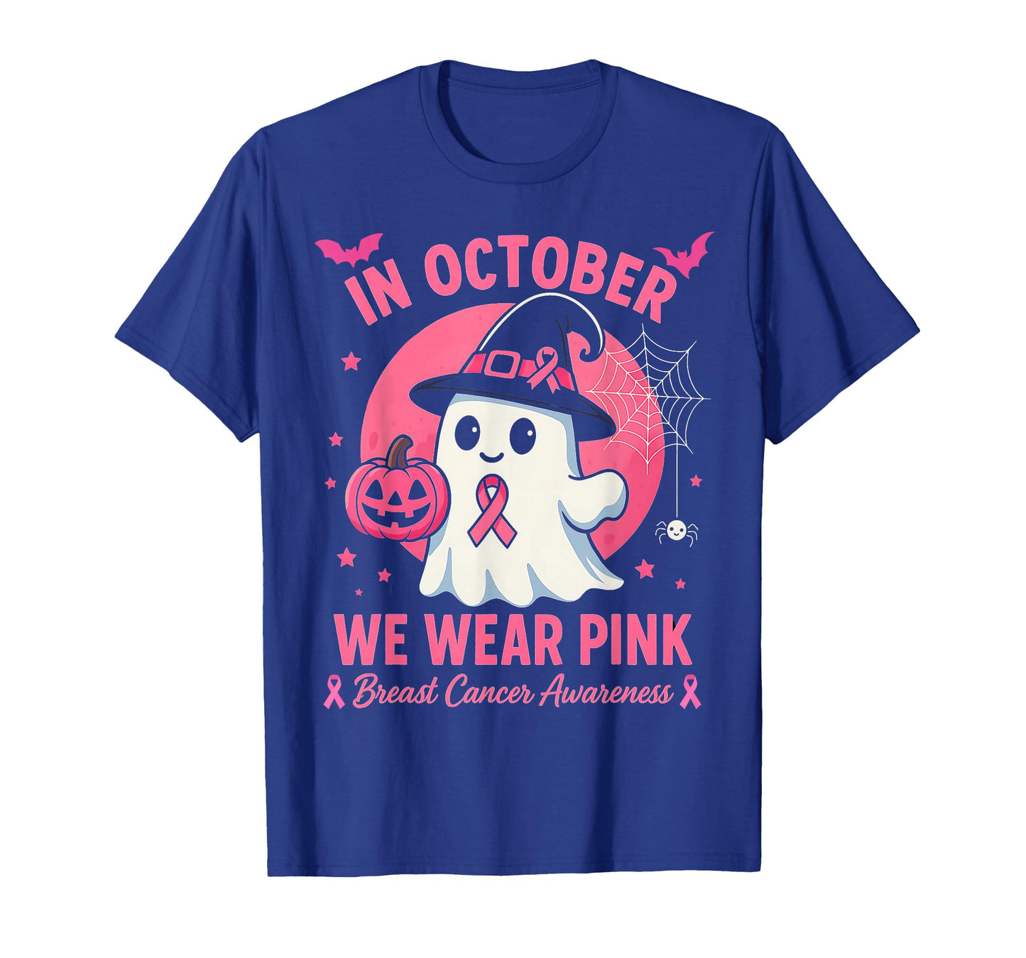 in October We Wear Pink Ghost Witch Breast Cancer Awareness T-Shirt
