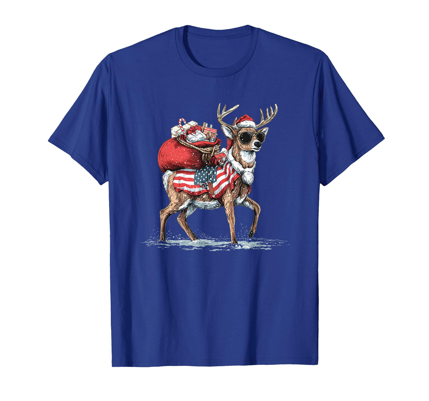Cool Santa's Reindeer with Sunglasses and US Colors T-Shirt