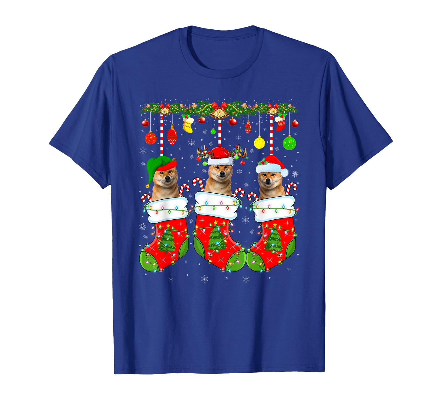 Shiba Inu Dog in Christmas Socks Funny Dog Xmas Pajamas T-Shirt
