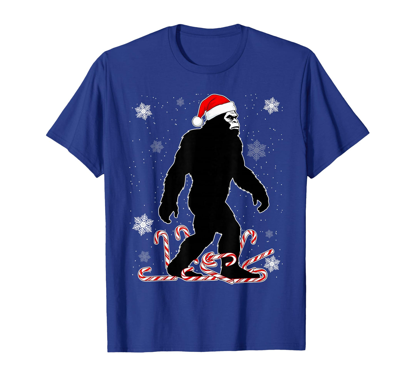 Funny Christmas Bigfoot with Santa Hat Carrying Candy Canes T-Shirt