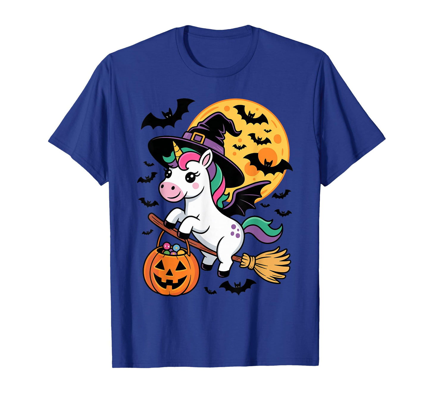 Kawaii Unicorn in Witch Hat on a Broom Halloween Costume T-Shirt