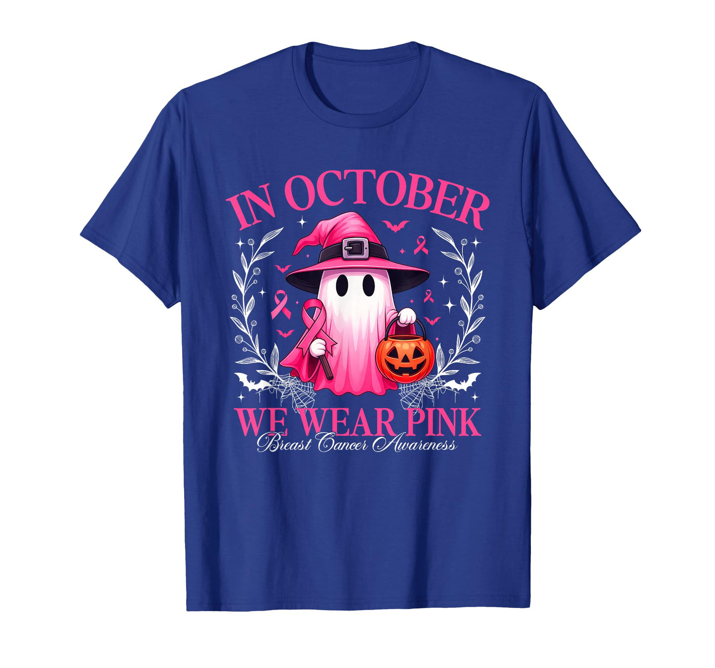 Ghost Witch in October We Wear Pink Breast Cancer Awareness T-Shirt