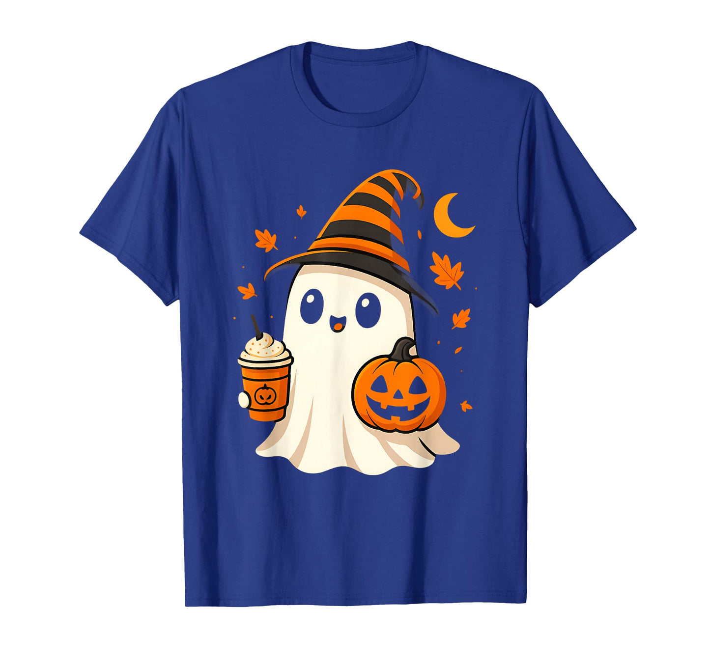 Cute Ghost Drinking ice Coffee Funny Halloween Pumpkin T-Shirt